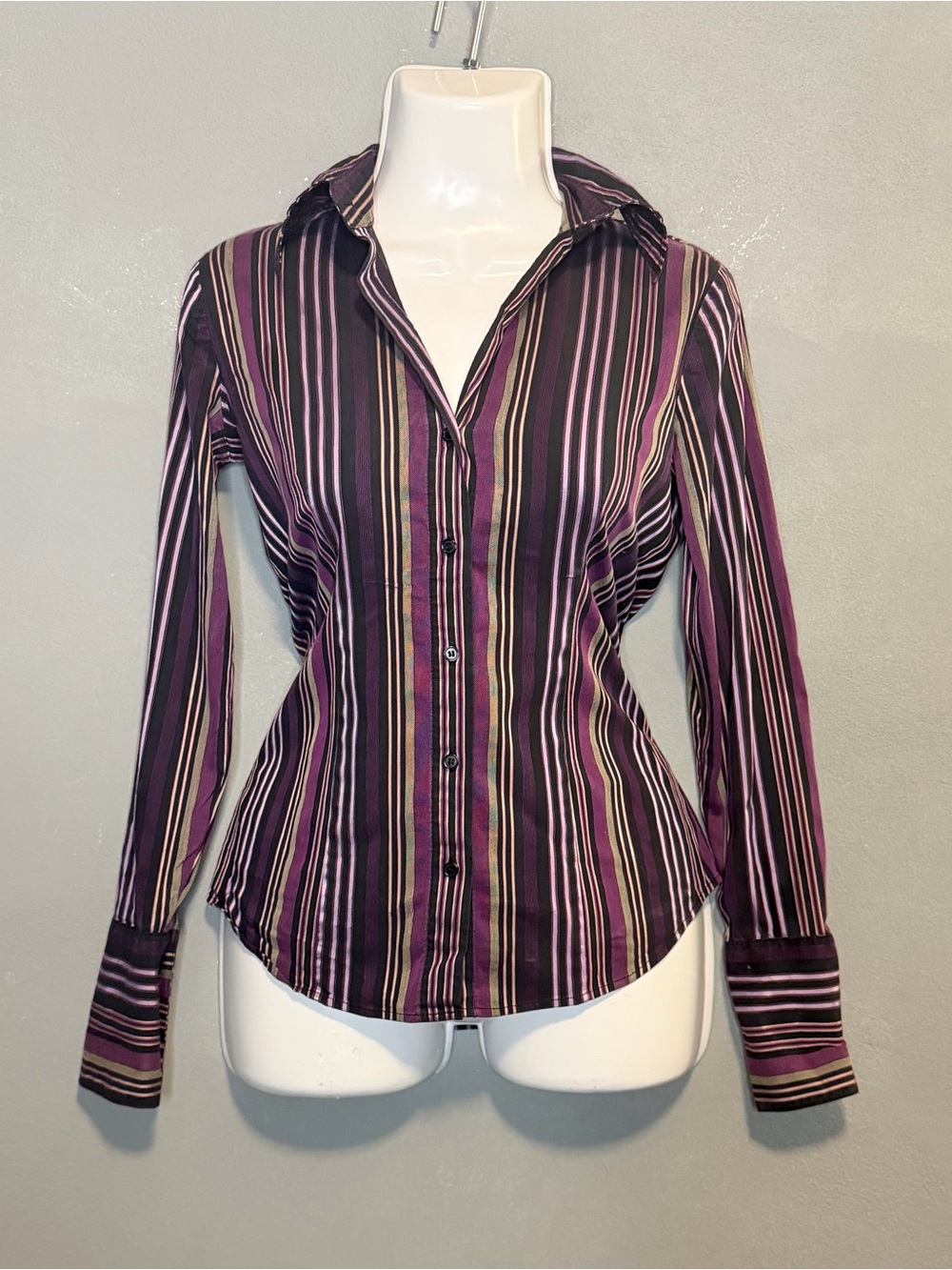 💜 New York & Company Purple Striped Button-Up Blouse – XS 💜